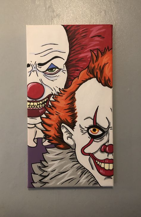 Pennywise Painting Easy, Pennywise Canvas Painting, Penny Wise Painting, Pennywise Artwork, Chucky Painting Canvas, Pennywise Cartoon, Horror Paintings Canvas, Character Paintings On Canvas, Horror Movie Paintings Canvas