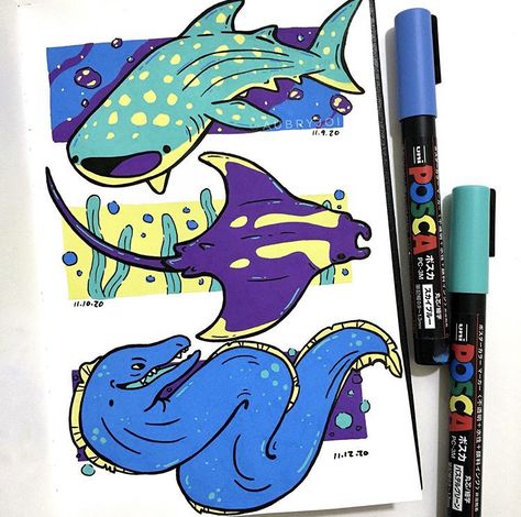 Ocean Posca Art, Waterbased Markers Drawing, Posca Animals, Posca Pen Drawings, Posca Pens Art Drawings, Things To Draw With Posca Pens, Posca Pen Doodles, Acrylic Pen Art, Posca Markers Art