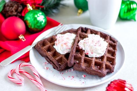 Chocolate Peppermint Mighty Muffin Waffle Recipe | FlapJacked Peppermint Waffles, Healthy Peppermint Mocha, Holiday Flavors, Vegan Gluten Free Breakfast, Waffle Iron Recipes, Vegan Waffles, Iron Recipes, Love At First Bite, Waffles Recipe