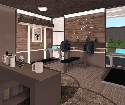 Bloxburg Hotel Ideas Interior, Hotel In Bloxburg Ideas, Bloxburg Apartment Lobby Ideas, Workout Room Bloxburg, Bloxburg Gym Ideas Modern, Modern Interior Design Bloxburg, Gym Room Bloxburg, Bloxburg Hallways Ideas, Bloxburg Gym Layout