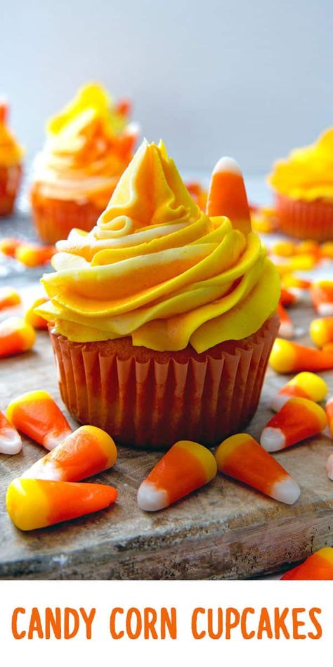 These Candy Corn Cupcakes are decorated to look just like the iconic (and divisive) Halloween candy. But they don’t actually taste like candy corn! Instead, the two-toned vanilla cupcakes are filled with marshmallow cream and topped with a swirled orange, yellow, and white vanilla buttercream frosting. Candy Corn Recipe, Corn Cupcakes, Candy Corn Cupcakes, Brownie Mix Cookies, How To Make Marshmallows, Orange Frosting, Orange Food Coloring, Marshmallow Cream, Cupcake Tins