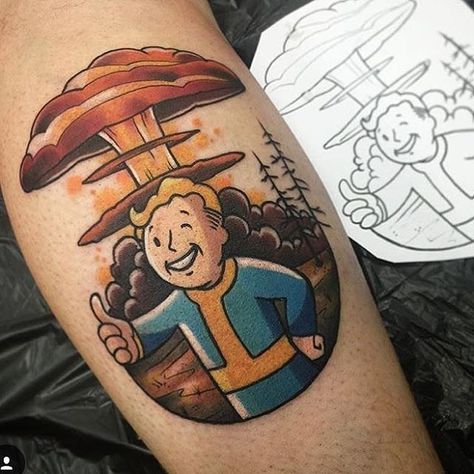 Fallout Tattoo  #fallout #tallouttattoos Fallout 4 Tattoos, Fallout Tattoo, Comic Book Tattoo, Video Game Tattoos, Gamer Tattoos, Video Game Tattoo, 4 Tattoo, Fallout Art, Gaming Tattoo