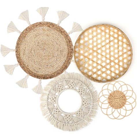 PRICES MAY VARY. Boho Wall Decor Set: the package contains 4 pieces of decorating baskets in 4 different styles, such as flat basket style, flower style and tassel style, full of boho and stylish atmosphere, meeting your daily using needs for decorations Add Elegance to Rooms: the boho wall decor for bedroom is designed into different shapes, simple but elegant, which is easy to match with various home decoration styles, suitable for white walls particularly, making your homes look more appealin Boho Basket Wall Art, Woven Wall Basket Decor, Boho Wall Basket Decor, Macrame Tassels, Woven Basket Wall Decor, Rattan Wall Decor, Wall Basket Decor, Woven Basket Wall, Hanging Rattan