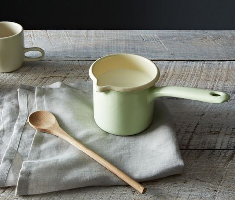 The Green Milk Pot, 4 inches tall and 4 inches wide, is available for $48 at Provisions via Ancient Industries Dining Ware, Milk Pot, Object Lessons, Crushed Glass, Green Enamel, Food 52, Kitchen Colors, Kitchen Items, Cooking Tools