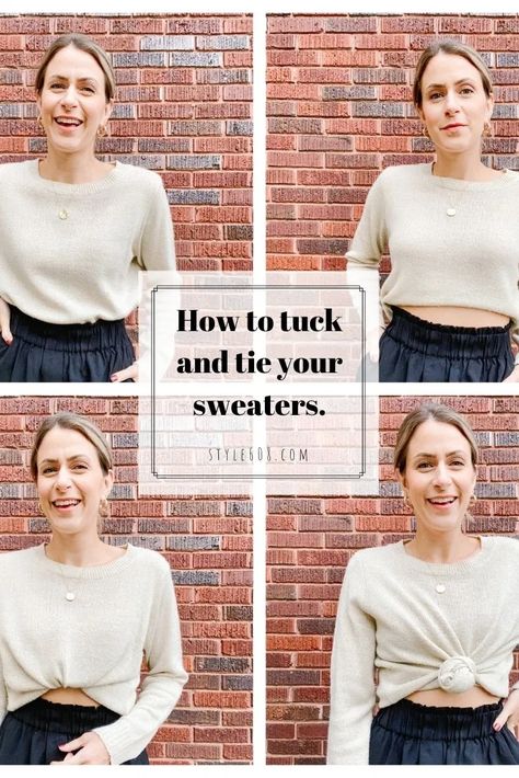 How To Tuck And Tie Your Sweaters | Style 608 by Ashley Anderson How To Knot A Sweater, How To Tie Sweater Knot, Twist Tuck Sweater, Tie Up Sweater, How To Tie A Sweater, Sweater Hanging, Ashley Anderson, How To Tie A Knot, Knot Sweater