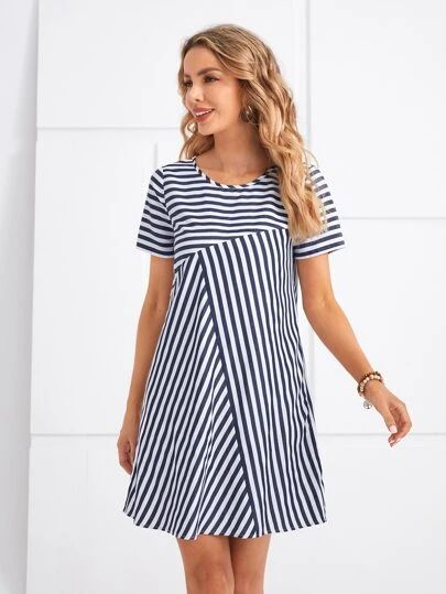 WishList | SHEIN Cotton Short Dresses, Summer Shift Dress, Striped Dress Summer, Casual Wear Dress, Striped Tunic, Cotton Dress Summer, Summer Stripes, Elegant Dresses For Women, Round Neck Dresses