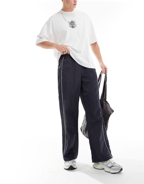 Trousers & Chinos by ASOS DESIGN Lower-half looks Regular rise Elasticated waistband Functional pockets Contrast piping Baggy fit Nylon Track Pants, Men Trousers, Leggings Sale, Contrast Piping, Maxi Dress Trend, Black Wrap Dress, Hoodies For Sale, Petite Maternity, Vans Old Skool