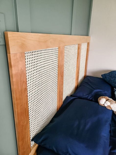 Do you love the boho look of cane and rattan on furniture? Build this easy DIY cane headboard to get the look! We're also giving away the FREE woodworking plans for this DIY rattan headboard. How To Make A Rattan Headboard, Cane Headboard Diy, Diy Queen Daybed, Diy Rattan Headboard, Modern Diy Headboard, Diy Rattan Furniture, Diy Cane Headboard, Diy King Headboard, Headboard Plan