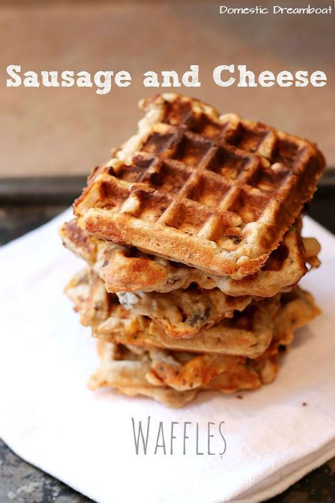 Savory Sausage and Cheese Waffles - Domestic Dreamboat Savory Waffle Recipe, Cheese Waffles, Waffle Maker Recipes, Savory Waffles, Breakfast Waffles, Freezer Breakfast, Sausage And Egg, Delicious Breakfast Recipes, How To Cook Sausage