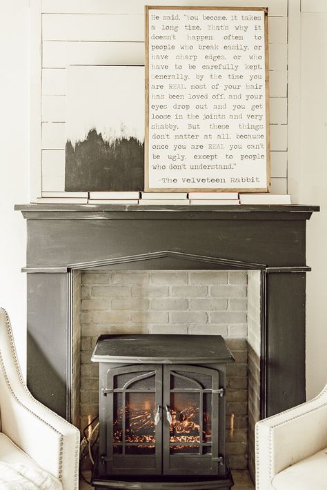 The Best of 2019 and Whats to Come This Year Faux Wood Stove Fireplace, Mantle Over Wood Stove, Faux Mantel Ideas, Faux Brick Fireplace, Faux Fireplaces, Farmhouse Rooms, Fake Brick, Faux Brick Panels, Classic Fireplace