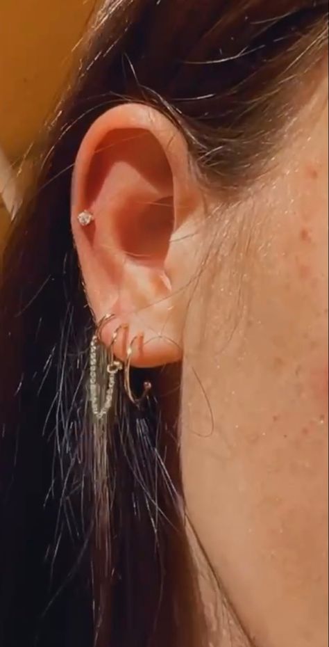 Kelsey Kreppel Ear Piercings, 2 Lobes And Helix Piercing, Double Low Helix Piercing, Cartlidge Piercings Ideas, Low Cartilage Piercing, Cartlidge Piercing Ideas, Earring Ideas For Two Holes, Cartledge Piercing Ideas, Middle Helix Piercing