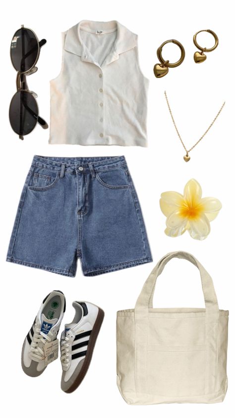 White sleeveless button up top, jean shorts, 90’s round sunglasses, black and white adidas, plain off white tote bag, yellow and white ombre flower claw clip, cold necklace with heart charm, gold goop earrings with heart charms, Summer Aesthetic Outfit 2024, Summer Vintage Aesthetic Outfits, Summer Cinema Outfit, Fashion Inspo Outfits 2024 Spring, Realistic Summer Outfits, Summer Campus Outfits, Summer Core Outfits, Summer 2024 Outfit, Girly Summer Outfits Casual