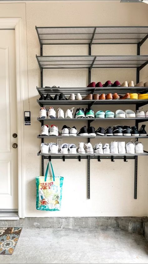 The Container Store | Shoe piles and bag tangles, BE GONE! �👋🛠️💙 Create a garage mudroom that’s all about smart storage and stylish organization with the help of... | Instagram Garage Mudroom And Gym, Garage Door Organization Ideas, Sports Closet Organization, Cellar Organization Ideas, Home Edit Garage Organization, Garage Storage Kids Stuff, Garage Organization Aesthetic, Garage Mudroom Ideas Cheap, Ski Storage Garage