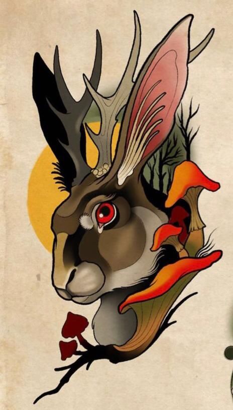 Neotraditional Tattoo Linework, Neo Traditional Jackalope Tattoo, Jackalope Tattoo Neotraditional, Neo Traditional Animal Tattoo Design, Neo Traditional Animals, New School Animal Tattoo, Neotraditional Animal Tattoo, Jackalope Tattoo, Bushido Tattoo