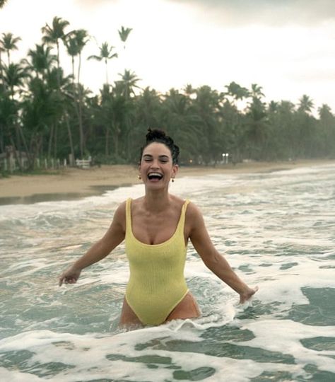 Lilly James, Toned Physique, Billboard Women In Music, Pam And Tommy, Abercrombie Girls, Backless Swimsuit, Yellow Swimsuits, Beach Getaway, Lily James