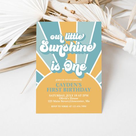 $2.98 - Retro Our Little Sunshine Boy First Birthday Invit - first birthday, retro, our little sunshine, hippie, sun, blue, boy first birthday, orange, yellow Sunshine First Birthday Boy, Little Sunshine First Birthday, Hippie Sun, Sunshine First Birthday, One Happy Dude, Blue Boy, 1st Birthday Invitations, First Birthday Invitations, Boy First Birthday