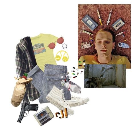 "Trainspotting costume" by anny1984 on Polyvore featuring Trevco, Vans, RetrÃ², Burkman Bros., Marc by Marc Jacobs y Ray-Ban Trainspotting Costume, Babydoll Boutique, Grunge Polyvore, Tomboy Look, Trainspotting, Aesthetic Board, Cotton T Shirts, Hipster Outfits, Plaid Jacket