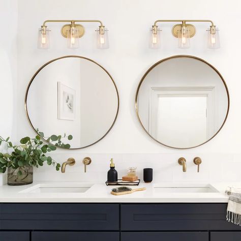 Sand & Stable Maxstadt 3 - Light Dimmable Gold Vanity Light & Reviews | Wayfair Light Modern Bathroom, Black Gold Bathroom, Gold Bathroom Vanity Light, Modern Farmhouse Black, Eyeliner Wing, Gold Bathroom Vanity, Gold Vanity Light, Modern Bathroom Vanity Lighting, Black And Gold Bathroom