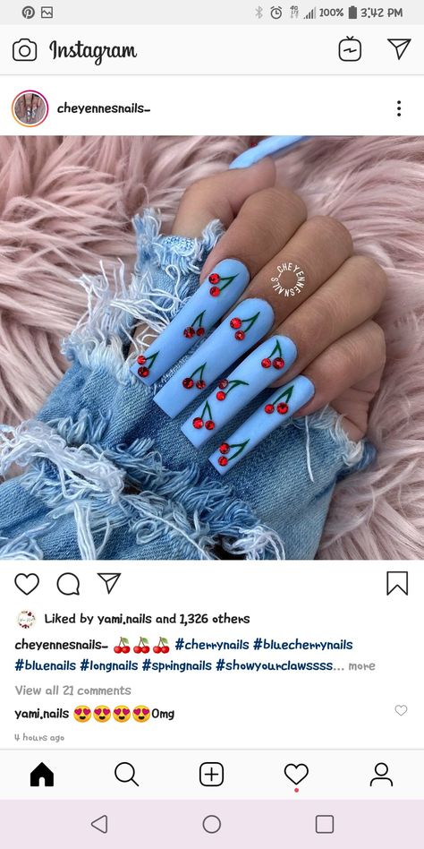 Blue And Cherry Nails, Blue Nails With Cherries, Blue Cherry Nails, Cherry Nails Acrylic, Cherry Nail Art, 90s Nails, Acrylic Nails Stiletto, Acrylic Nail Supplies, Baby Blue Nails