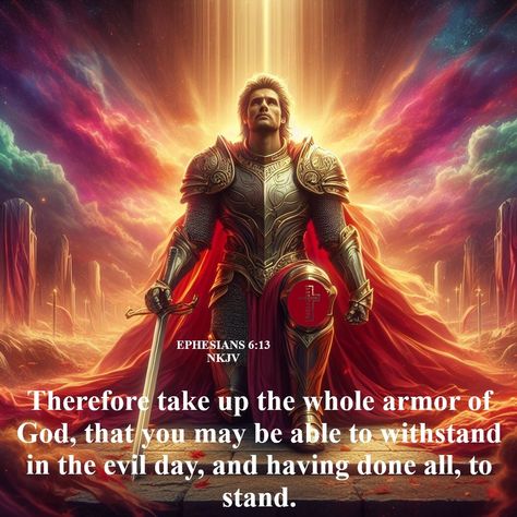 OUR DAILY BREAD EPHESIANS 6:13 NKJV " Therefore take up the whole armor of God, that you may be able to withstand in the evil day, and having done all, to stand. " Ephesians 6:13, a significant verse from the New Testament's Book of Ephesians, offers profound guidance on spiritual warfare and readiness for believers. 1 - Spiritual Warfare and Preparedness : * - Starting with "Therefore," the verse builds upon previous discussions where the Apostle Paul describes believers' spiritual battl... Ephesians 6 13, The Whole Armor Of God, Whole Armor Of God, Book Of Ephesians, The Apostle Paul, New Testament Books, Apostle Paul, Jesus Return, Ephesians 6