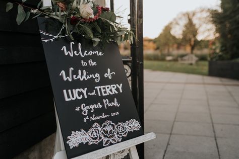 Welcome Sign Chalk Board Eucalyptus Floral Garland Gaynes Park Wedding Kate Gray Photography #WelcomeSign #ChalkBoard #WeddingSign #Wedding Gray Photography, Bridal Boxes, Rustic Luxe, Photography Bride, Rich Burgundy, Whimsical Wonderland Weddings, Charles Tyrwhitt, Floral Garland, Park Wedding