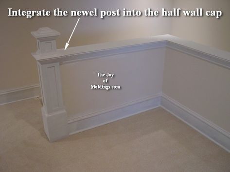 newel post diy walf pony wall Stair Moulding, Half Wall Ideas, Diy Stairs Makeover, Newel Post Caps, Stair Posts, Stairs Stringer, Stair Makeover, Knee Wall, Stairs Makeover