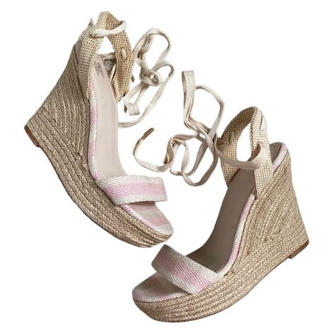 Nwt New Never Worn Victoria’s Secret Ankle Tie Platform Wedge Espadrilles In Baby Pink And Natural Tan Linen Stripe. Women’s Size 8.5. New Never Worn, However There Is Light Discoloration On The Ankle-Ties Near The Gold Metal Ends And Light Glue Residue On/Around Interior Sole. Please See All Images For Current Condition. Approximate Heel Height: 1.5” Platform 4.5” Wedge Heel Lace Up Espadrille Wedges, Ankle Tie Espadrilles, Heeled Espadrilles, Tie Up Sandals, Victoria Secret Shoes, Lace Up Espadrilles, Wedge Espadrilles, Espadrilles Platform, Swag Shoes