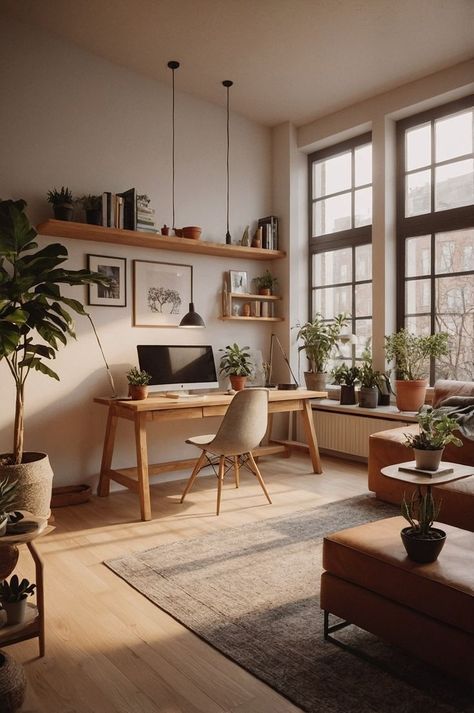 Home Office Natural Colors, 1 Bedroom Apartment Office Space, Light Wooden Desk, Home Office Ideas For 2 People, Home Office Natural Wood, Home Office Natural Light, Home Office With Plants Cozy, Office Earth Tones, Light Scandinavian Interior