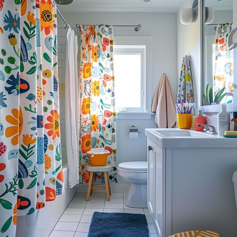 Bright and cheerful bathroom with floral shower curtain, white vanity, and coordinated accessories creating a vibrant and organized space. Cute Colorful Bathroom, Bathroom Remodel Colorful, Colorblock Bathroom, Cheerful Bathroom, Colorful Bathroom, Kid Bathroom Decor, Relaxing Bathroom, Vibrant Decor, Bathroom Decor Colors