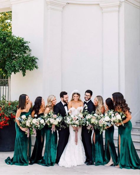 Mix Match Emerald Green Bridesmaid Dresses, Gold And Emerald Bridesmaid Dresses, Bridal Party Emerald Green, Dark Green Bridal Party, Emerald Green Bridal Party, Navy And Emerald Wedding, Emerald Green Wedding Party, Bridesmaid Theme, Peacock Bridesmaid Dresses