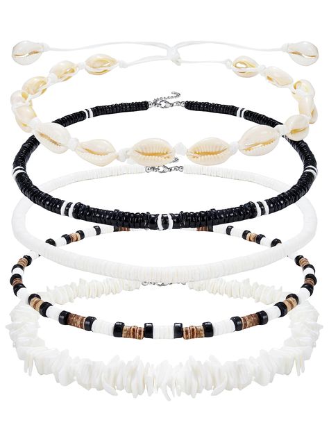 PRICES MAY VARY. 💃[BEACH NECKLACE SET]: One order includes 5pcs shell necklace: irregular white puka shell necklace; smooth white puka shell necklace; black puka shell necklace and colour mixture puka shell necklace, normal sea shell necklace, affordable and multiple choice for you. 💎[NECKLACE SIZE]: We have 35cm(14 inch), 40cm(16inch), 45cm(18inch) avaiable, with a 5cm(2inch) extension cord, the normal sea shell necklace can be adjusted from 35-60cm. if you are slim or like a tight chocker ap Seashell Necklace Outfit, Cute Beach Necklaces, Shell Necklace Men, Colour Mixture, Obx Stuff, Essential List, Sea Shell Necklace, Puka Shell Necklace, Necklace Outfit