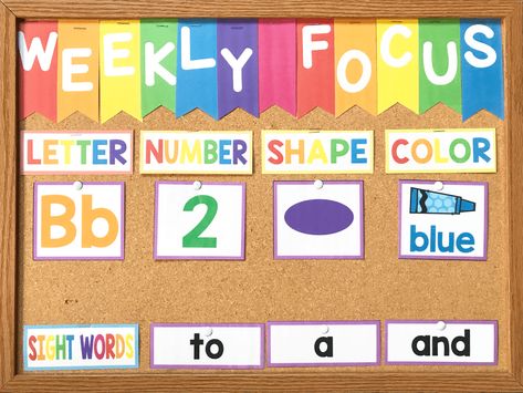 This is my preschool focus wall!  This  preschool bulletin board shows our letter, number, shape, color, and sight words of the week.  You can use this board during your preschool circle time and you won't believe the results!  Click here to read more about how this weekly focus wall has helped my preschoolers or download the headers and printables for yourself! Preschool Focus Wall, Weekly Focus, Preschool Rooms, Preschool Circle Time, Preschool Bulletin, Focus Wall, Preschool Bulletin Boards, Toddler Classroom, Preschool Class