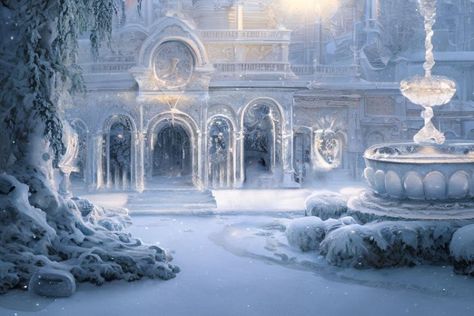 Winter Court Aesthetic, Snow Architecture, Ice Village, Frozen City, Fantasy Snow Castle, Winter Castle Concept Art, Fantasy Ice Castle Interior, Frozen Aesthetic, Frozen Scenery Disney