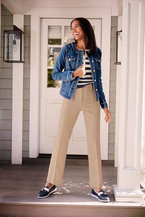 Introducing the Talbots Southampton Pant. Our newest straight leg pant with Tailored Stretch fabric is a new-year must. Shop Talbots NEW arrivals now! Fashion Denim Jacket, Talbots Outfits, Chose Outfit, Denim Jacket Fashion, Classic Denim Jacket, Platform Loafers, Classic Style Women, Footwear Collection, Fashion Event