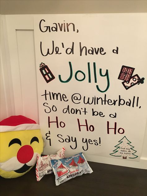 winterball promposal winter christmas funny unique original winter dance holidays santa Winter Ball Sign Ideas, Christmas Dance Proposal Ideas, Snowball Sign Ideas, Christmas Dance Asking Ideas, Christmas Poster Ideas For School, Posters For Winter Formal, Poster Ideas For High School Dance, Winter Ball Asking Ideas, Winter Ball Proposals Ideas