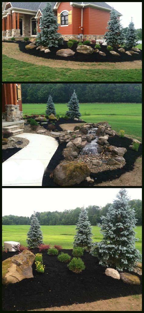 Design a landscape that has everything to make your yard stand out! This design features a front walk water feature, evergreen landscaping to bring color all year, and chunky rock boulders. Evergreen Landscape, Front Yard Design, Desain Lanskap, Rock Garden Landscaping, Front Yard Landscaping Plans, Home Landscaping, Landscaping Tips, Yard Design, House Landscape