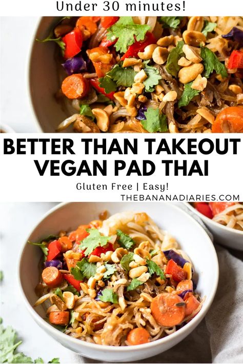 Better-than-takeout easy vegan Pad Thai that's naturally gluten free! Made with rice and kelp noodles, this Pad Thai recipe comes together in under 30 minutes! Soy Free option as well. Great for kids and families for a healthy dinner! #dinner #padthai #vegan #glutenfree Kelp Noodle Pad Thai, Easy Vegan Pad Thai, Gluten Free Pad Thai, Banana Diaries, Vegan Board, Vegan Pad Thai, Kelp Noodles, Food Near Me, Vegan Noodles