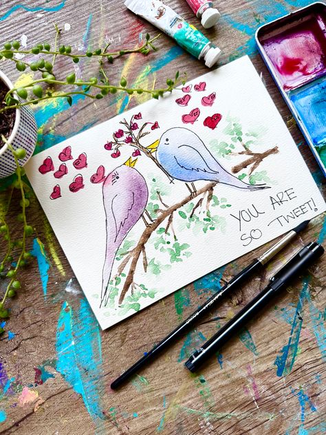 Watercolor Valentines Cards, Valentine Watercolor Painting, Valentine Birds, Birds In Watercolor, Painted Valentines, Cards With Watercolor, Homemade Watercolors, Cards Tutorial, Valentines Watercolor