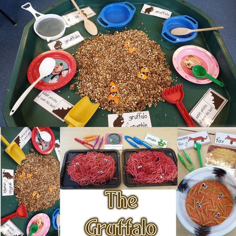 Roasted Fox Gruffalo, Gruffalo Messy Play, Gruffalo Sensory Play, Gruffalo Crumble, Reggio Activities, Gruffalo Activities, Gruffalo's Child, Julia Donaldson, Food Play