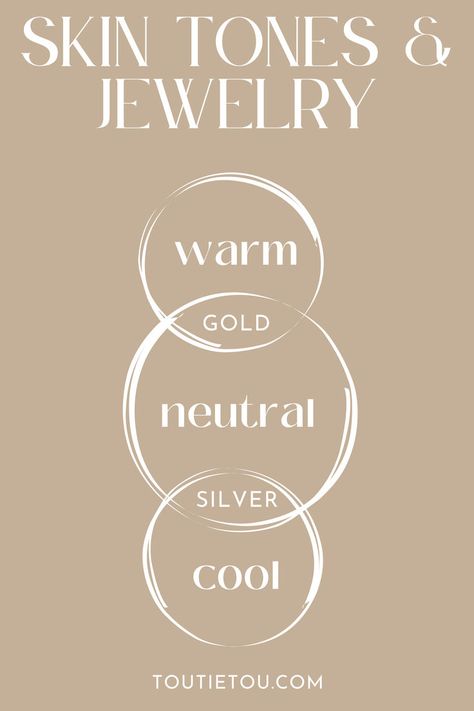 infographic depicting the jewelry colours that work best with various skin tones Jewelry Color For Skin Tone, Silver Vs Gold Jewelry Skin Tone, Gold Vs Silver Jewelry Skin Tone, Silver Or Gold Jewelry Skin Tone, Gold Or Silver Jewelry Skin Tone, Skin Tone Quiz, Olive Tone, Warm Skin Tone, Cool Skin Tone