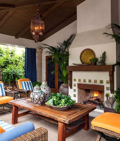 modern rooms with fireplaces Sunroom Fireplace, Mission Tile West, Spanish Courtyard, Hacienda Style Homes, Mexican Home, Spanish Style Home, Casas Coloniales, Spanish Style Homes, Hacienda Style