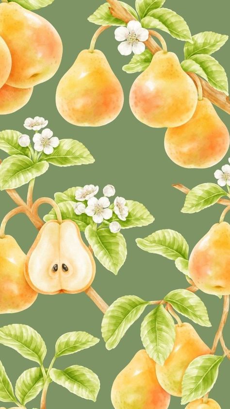 Pear Aesthetic, Pear Wallpaper, Pear Illustration, Floral Backgrounds, Fruit Wallpaper, Illustration Cute, Modern Princess, Fruit Illustration, Fruit Pattern