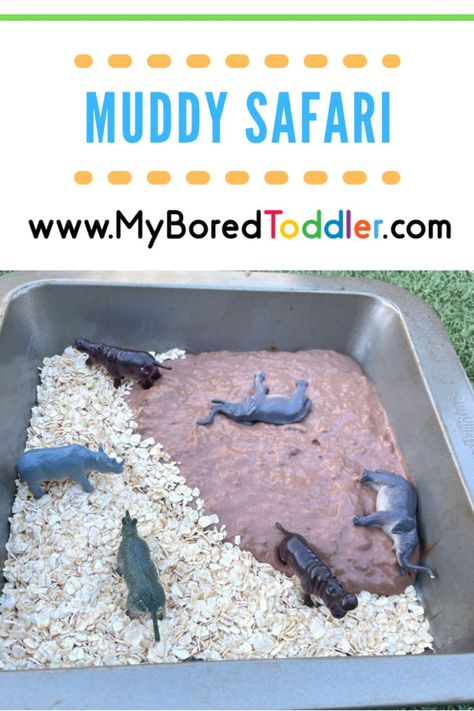 Muddy Safari: With this taste-safe sensory activity, your toddler will love exploring and learning about safari animals! Safari Sensory Bin, Tin Cans Diy, Easy Activities For Toddlers, Sensory Corner, Sensory Processing Activities, Sensory Play Toddlers, Safari Activities, Sensory Activities Toddlers, Fun Activities For Toddlers