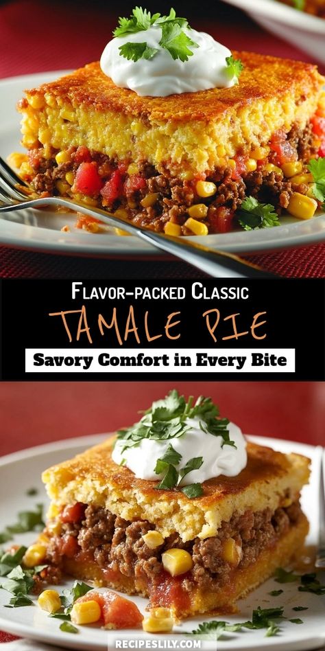 I can't get enough of this flavor-packed Tamale Pie! It's a cozy dish that combines a hearty beef filling with a fluffy cornbread topping. Each bite is bursting with savory goodness, making it the perfect meal for any occasion. Top it off with sour cream and fresh cilantro for an extra touch of flavor! Cornbread Tamale Pie Jiffy, Carnitas Tamale Pie, Easy Tamale Pie Recipe, Crockpot Tamale Pie, Tamale Pork Filling, Hot Tamale Pie, Tamales Pie Recipe, Ground Beef Tamale Pie, Tamale Pie With Jiffy Cornbread