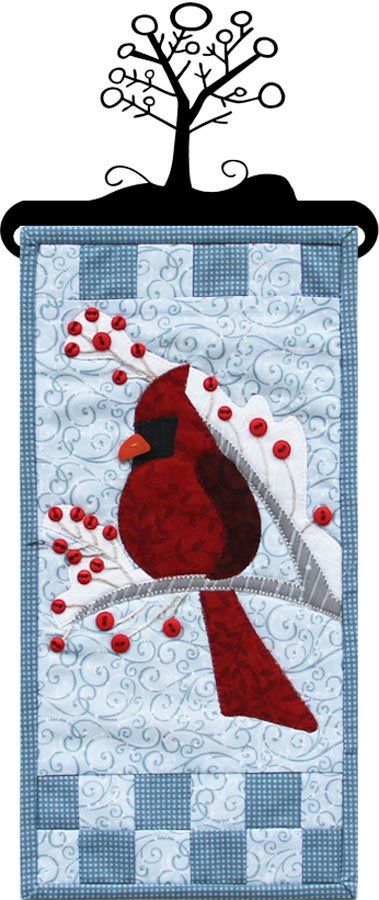 This is the January design of the Monthly Mini Series 8. Our new pattern format including complete quilting and binding instructions makes these PERFECT one-day projects for any skill level. Don't forget the matching buttons hanger or stand with header Dream Building, Bird Quilt Blocks, Small Quilt Projects, Applique Wall Hanging, Winter Cardinal, Tapestry Hanging, Appliqué Quilts, Bird Applique, Quilted Wall Hanging