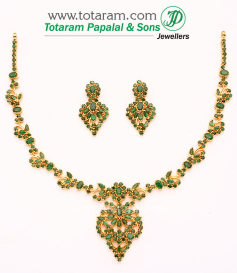 22 Karat Gold Emerald Necklace & Drop Earrings set: Totaram Jewelers: Buy Indian Gold jewelry & 18K Diamond jewelry Luxury Yellow Gold Emerald Necklace In Temple Style, Luxury Gold Chandbali Emerald Necklace, Luxury 22k Gold Emerald Necklace Temple Style, Luxury 22k Gold Emerald Temple Necklace, Luxury 22k Gold Temple Jewelry Emerald Necklace, Gold Emerald Necklace, Emerald Necklaces, Ruby Necklace Designs, Antique Necklace Gold