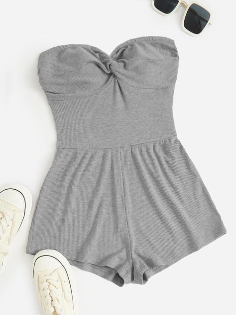 Grey Casual Collar Sleeveless Knitted Fabric Plain Tube Embellished Slight Stretch  Women Clothing Tube Top Romper, Tube Romper, Comfy Jumpsuits, Teen Clothing, Outfits Verano, Twist Front, Rompers Women, Upcycle Clothes, Grey Fashion