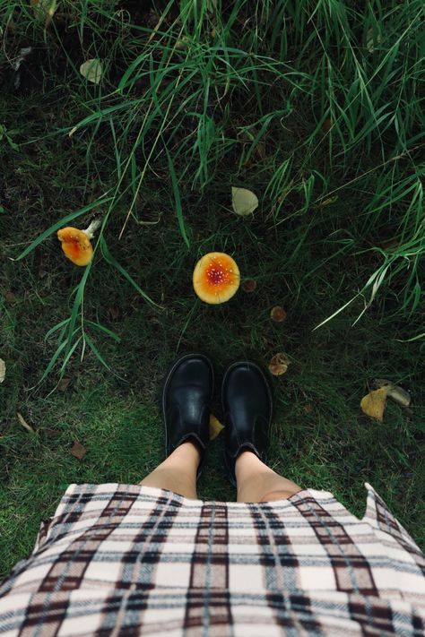 Cute instagram inspiration photo of girl in Doc Martin boots and plaid skirt standing in grassy meadow with flowers and mushrooms cottage core aesthetic Jessalyn Core, Erin Core Aesthetic, Shaylee Core, Kaelyn Core, Jaime Core, Kaylie Core, Rosemary Core, Rachel + Core + Aesthetic, Megan Aesthetic