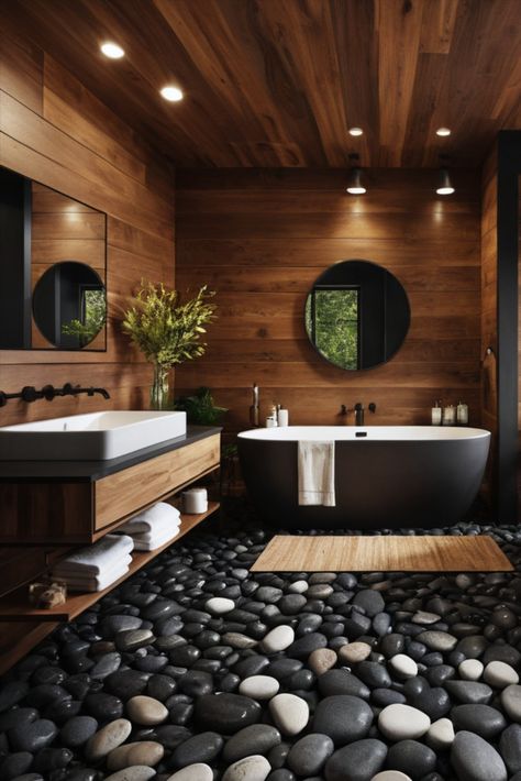 Find your zen in this nature-inspired bathroom featuring dark cedar walls and a mesmerizing black river rock floor. Where outdoor beauty meets indoor luxury. #NaturalDesign #CedarWood #SpaLike Bathroom Black Feature Wall, Cedar Bathroom, River Rock Floor, River Rock Shower, Bathroom Design Wood, Zen Bathrooms, Black River Rock, Nature Inspired Bathroom, Japanese Bathroom Design