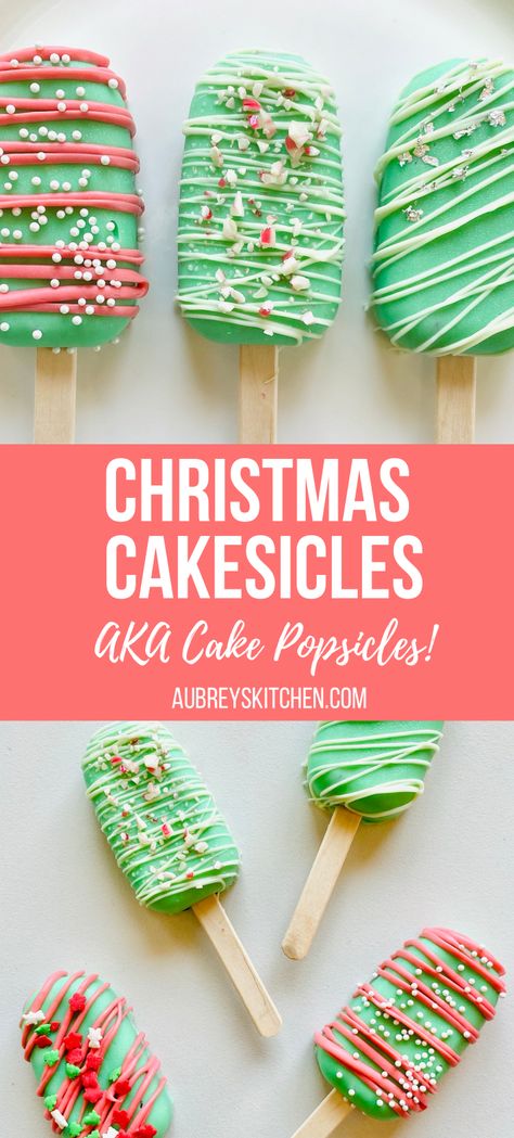 Christmas cakesicles decorated with Christmas colors and sprinkles Cake Popsicles Christmas, Christmas Tree Cakesicle, Christmas Cake Sicles, Christmas Treat Boxes Ideas Sweets, Holiday Cakesicles, Christmas Treat Boxes Sweets, Christmas Popsicles, Christmas Cakesicles Ideas, Christmas Cakecicles